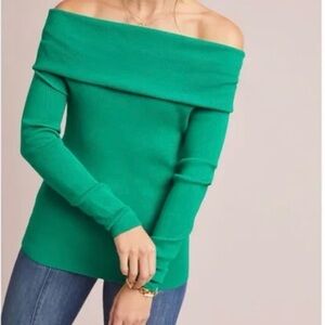Anthropologie Green Off The Shoulder Sweater